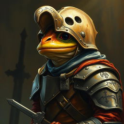 A hyper intricate oil painting featuring a fantasy frog humanoid character adorned with a Hounskull helmet and historical medieval German armor, depicted as a fierce warrior knight