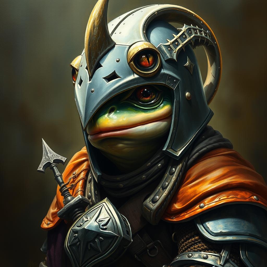 An hyper intricate oil painting of a fantasy frog humanoid wearing a Hounskull helmet, crafted with historical medieval German armor