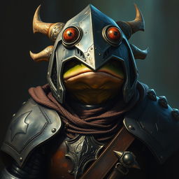 An hyper intricate oil painting of a fantasy frog humanoid wearing a Hounskull helmet, crafted with historical medieval German armor