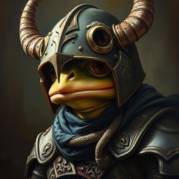 An hyper intricate oil painting of a fantasy frog humanoid wearing a Hounskull helmet, crafted with historical medieval German armor