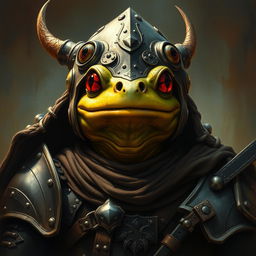 An hyper intricate oil painting of a fantasy frog humanoid wearing a Hounskull helmet, crafted with historical medieval German armor