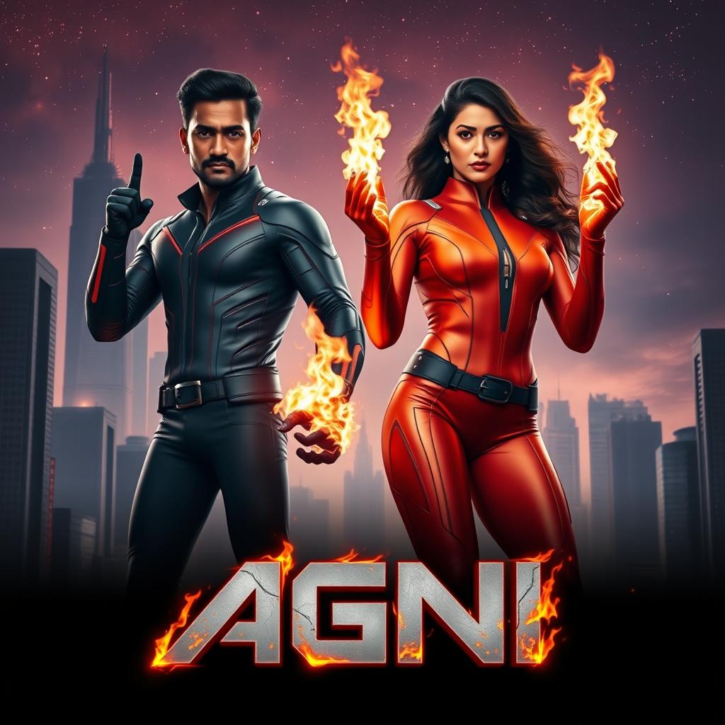 A cinematic sci-fi futuristic action film poster titled 'AGNI' featuring an Indian man and woman with dark complexions, both dressed in sleek, modern superhero costumes that reflect a fiery theme