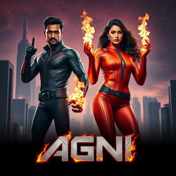 A cinematic sci-fi futuristic action film poster titled 'AGNI' featuring an Indian man and woman with dark complexions, both dressed in sleek, modern superhero costumes that reflect a fiery theme