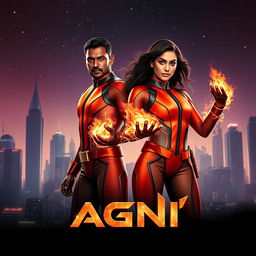 A cinematic sci-fi futuristic action film poster titled 'AGNI' featuring an Indian man and woman with dark complexions, both dressed in sleek, modern superhero costumes that reflect a fiery theme