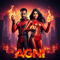 A cinematic sci-fi futuristic action film poster titled 'AGNI' featuring an Indian man and woman with dark complexions, both dressed in sleek, modern superhero costumes that reflect a fiery theme