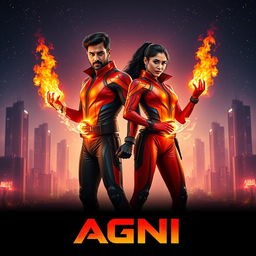 A cinematic sci-fi futuristic action film poster titled 'AGNI' featuring an Indian man and woman with dark complexions, both dressed in sleek, modern superhero costumes that reflect a fiery theme