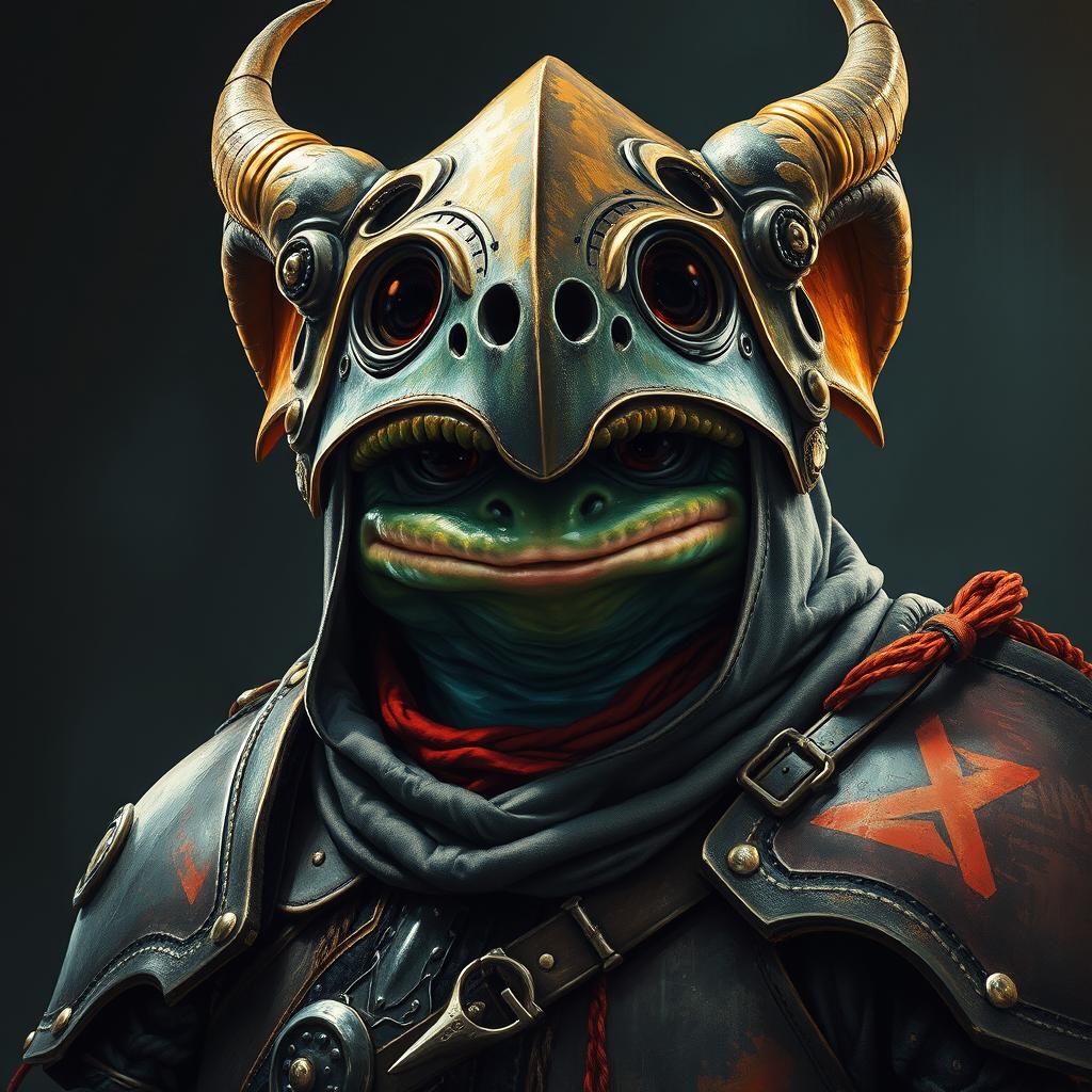 An hyper intricate oil painting depicting a fantasy frog humanoid wearing a striking Hounskull helmet and historical medieval German armor