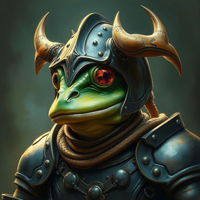 An hyper intricate oil painting depicting a fantasy frog humanoid wearing a striking Hounskull helmet and historical medieval German armor