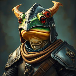 An hyper intricate oil painting depicting a fantasy frog humanoid wearing a striking Hounskull helmet and historical medieval German armor