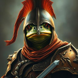 An hyper intricate oil painting depicting a fantasy frog humanoid wearing a striking Hounskull helmet and historical medieval German armor