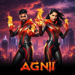 A cinematic sci-fi futuristic action film poster titled 'AGNI' featuring an Indian man and woman with dark complexions, both wearing matching modern superhero costumes that are sleek and stylish, emphasizing a fiery theme