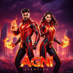 A cinematic sci-fi futuristic action film poster titled 'AGNI' featuring an Indian man and woman with dark complexions, both wearing matching modern superhero costumes that are sleek and stylish, emphasizing a fiery theme