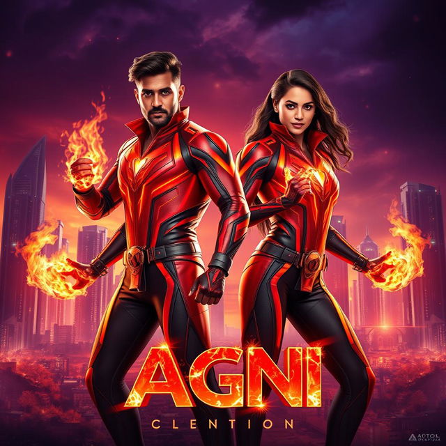 A cinematic sci-fi futuristic action film poster titled 'AGNI' featuring an Indian man and woman with dark complexions, both wearing matching modern superhero costumes that are sleek and stylish, emphasizing a fiery theme