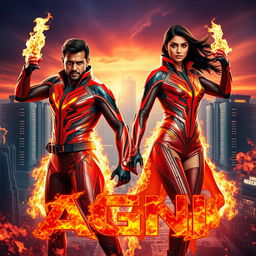 A cinematic sci-fi futuristic action film poster titled 'AGNI' featuring an Indian man and woman with dark complexions, both wearing matching modern superhero costumes that are sleek and stylish, emphasizing a fiery theme