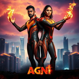 A cinematic sci-fi futuristic action film poster titled 'AGNI' featuring an Indian man and woman with dark complexions, both wearing matching modern superhero costumes that are sleek and stylish, emphasizing a fiery theme