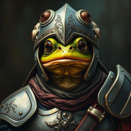 An hyper intricate oil painting depicting a fantasy frog humanoid donning a Hounskull helmet and historical medieval German armor