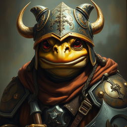 An hyper intricate oil painting depicting a fantasy frog humanoid donning a Hounskull helmet and historical medieval German armor