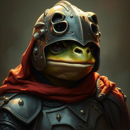 An hyper intricate oil painting depicting a fantasy frog humanoid donning a Hounskull helmet and historical medieval German armor