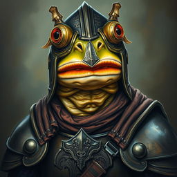 An hyper intricate oil painting depicting a fantasy frog humanoid donning a Hounskull helmet and historical medieval German armor