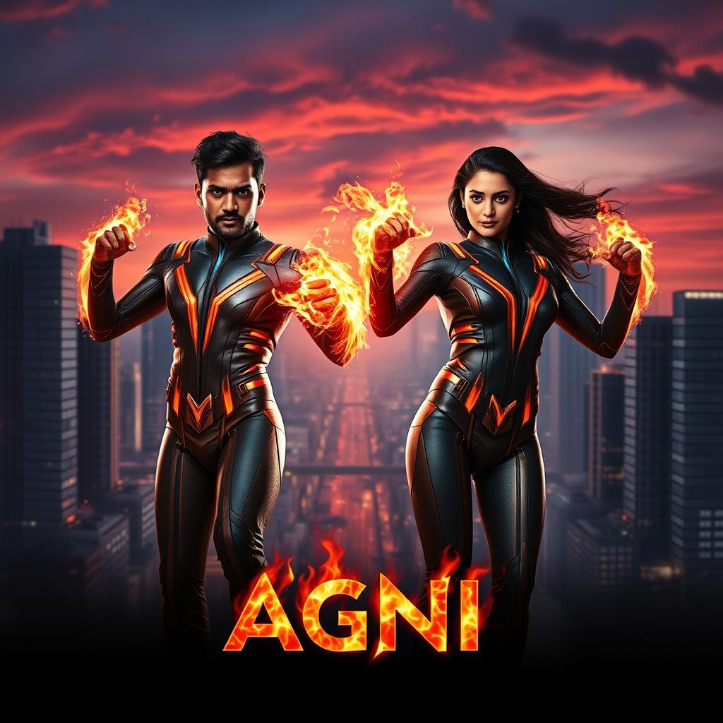 A cinematic sci-fi futuristic action film poster titled 'AGNI' prominently featuring an Indian man and woman with dark complexions