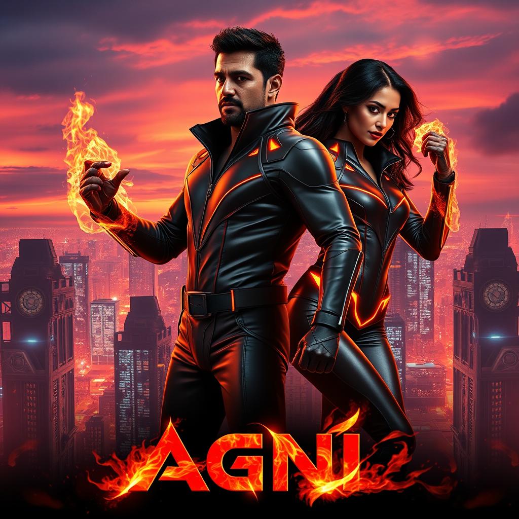 A cinematic sci-fi futuristic action film poster titled 'AGNI' prominently featuring an Indian man and woman with dark complexions