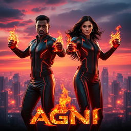 A cinematic sci-fi futuristic action film poster titled 'AGNI' prominently featuring an Indian man and woman with dark complexions