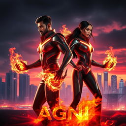 A cinematic sci-fi futuristic action film poster titled 'AGNI' prominently featuring an Indian man and woman with dark complexions