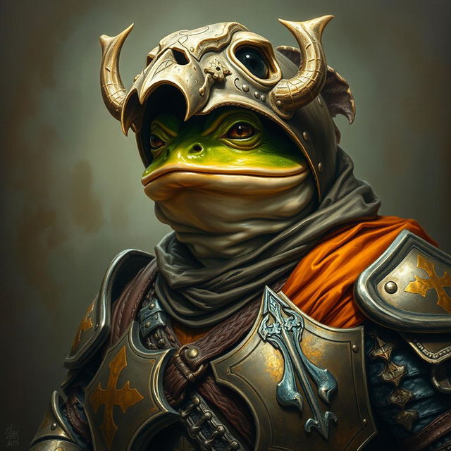 An hyper intricate oil painting featuring a fantasy frog humanoid adorned with a Hounskull helmet and dressed in historical medieval German armor