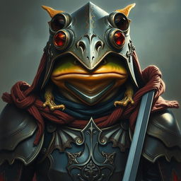 An hyper intricate oil painting featuring a fantasy frog humanoid adorned with a Hounskull helmet and dressed in historical medieval German armor