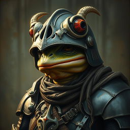 An hyper intricate oil painting featuring a fantasy frog humanoid adorned with a Hounskull helmet and dressed in historical medieval German armor