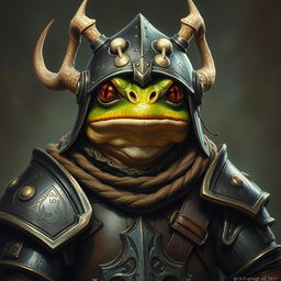 An hyper intricate oil painting featuring a fantasy frog humanoid adorned with a Hounskull helmet and dressed in historical medieval German armor