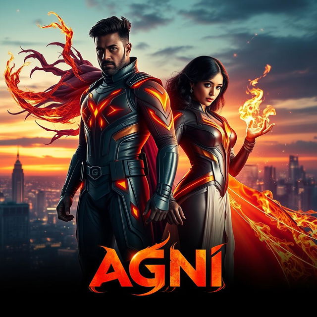 A striking cinematic sci-fi futuristic action film poster titled 'AGNI'