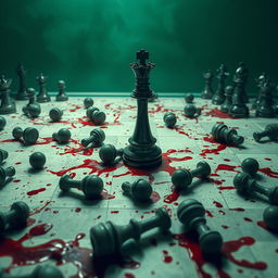 A surreal and disturbing chessboard, featuring shades of eerie green and white that suggest an otherworldly environment