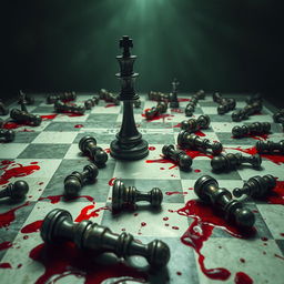 A surreal and disturbing chessboard, featuring shades of eerie green and white that suggest an otherworldly environment