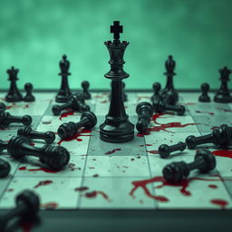 A surreal and disturbing chessboard, featuring shades of eerie green and white that suggest an otherworldly environment