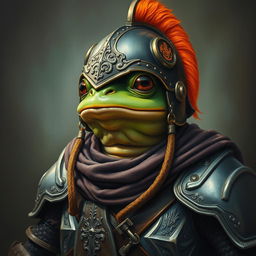 An hyper intricate oil painting featuring a fantasy frog humanoid wearing a Hundsgugelhelmet (Hundsgugel helmet) and adorned in historical medieval German armor