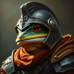 An hyper intricate oil painting featuring a fantasy frog humanoid wearing a Hundsgugelhelmet (Hundsgugel helmet) and adorned in historical medieval German armor