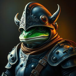 An hyper intricate oil painting featuring a fantasy frog humanoid wearing a Hundsgugelhelmet (Hundsgugel helmet) and adorned in historical medieval German armor