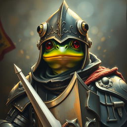 An hyper intricate oil painting featuring a fantasy frog humanoid wearing a Hundsgugelhelmet (Hundsgugel helmet) and adorned in historical medieval German armor