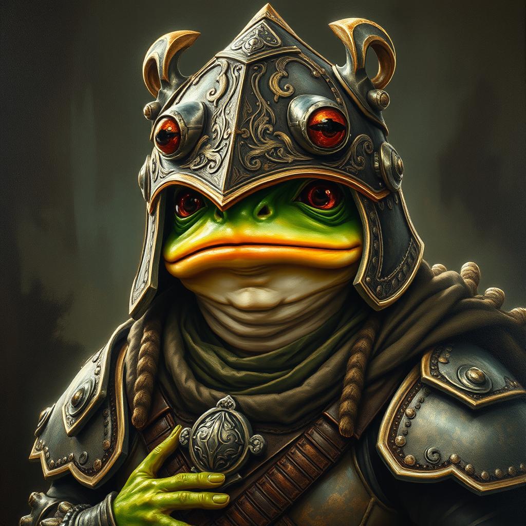 An hyper intricate oil painting featuring a fantasy frog humanoid wearing a Hundsgugel helmet, intricately designed with historical medieval German armor