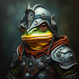 An hyper intricate oil painting featuring a fantasy frog humanoid wearing a Hundsgugel helmet, intricately designed with historical medieval German armor