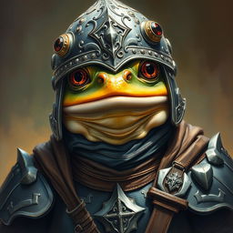 An hyper intricate oil painting featuring a fantasy frog humanoid wearing a Hundsgugel helmet, intricately designed with historical medieval German armor