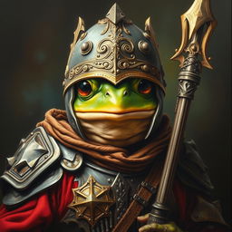 An hyper intricate oil painting featuring a fantasy frog humanoid wearing a Hundsgugel helmet, intricately designed with historical medieval German armor