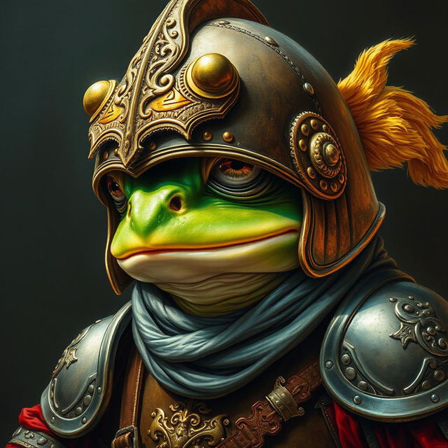 An hyper intricate oil painting featuring a fantasy frog humanoid wearing a detailed and realistic Hundsgugel helmet, complemented by historical medieval German armor