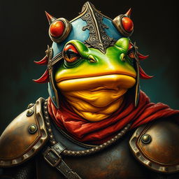 An hyper intricate oil painting featuring a fantasy frog humanoid wearing a detailed and realistic Hundsgugel helmet, complemented by historical medieval German armor