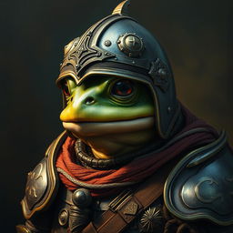 An hyper intricate oil painting featuring a fantasy frog humanoid wearing a detailed and realistic Hundsgugel helmet, complemented by historical medieval German armor