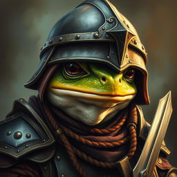 An hyper intricate oil painting featuring a fantasy frog humanoid wearing a detailed and realistic Hundsgugel helmet, complemented by historical medieval German armor