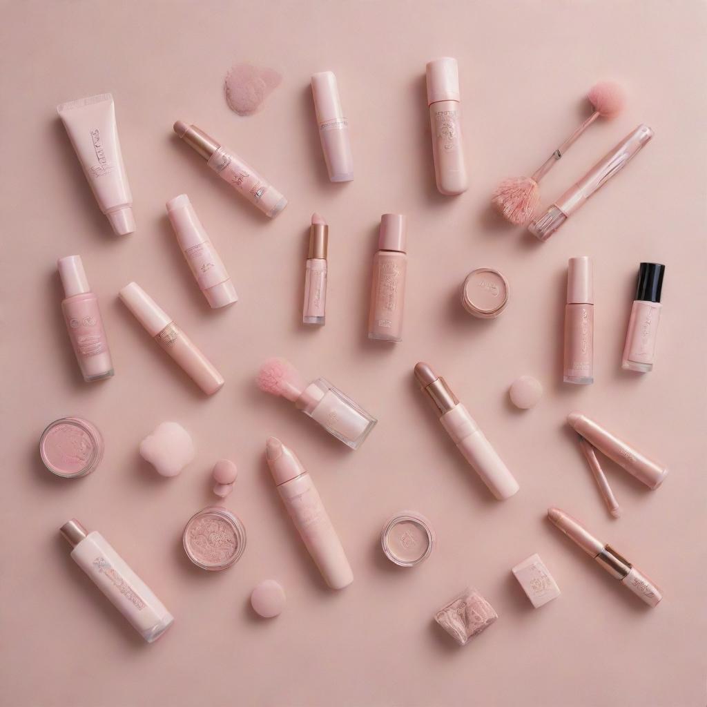 An elegant collection of makeup products, each thoughtfully designed with ballet motifs such as ballerina silhouettes, pointe shoes, and tutus.