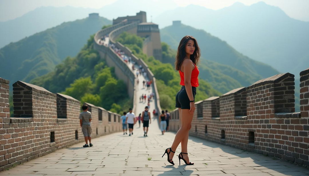 A realistic long-range shot of an 18-year-old Indonesian woman in high heels, posing seductively at the Great Wall of China