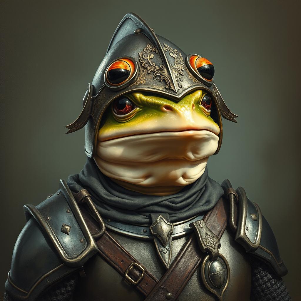 An hyper intricate oil painting of a fantasy frog humanoid equipped with a detailed and realistic Hundsgugel helmet, complemented by historical medieval German armor